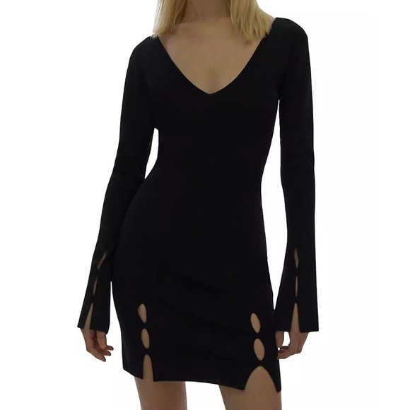 HELMUT LANG Long Sleeve Slit Cut-Out Rib-Knit Minidress - NWT - XS - Picture 1 of 6